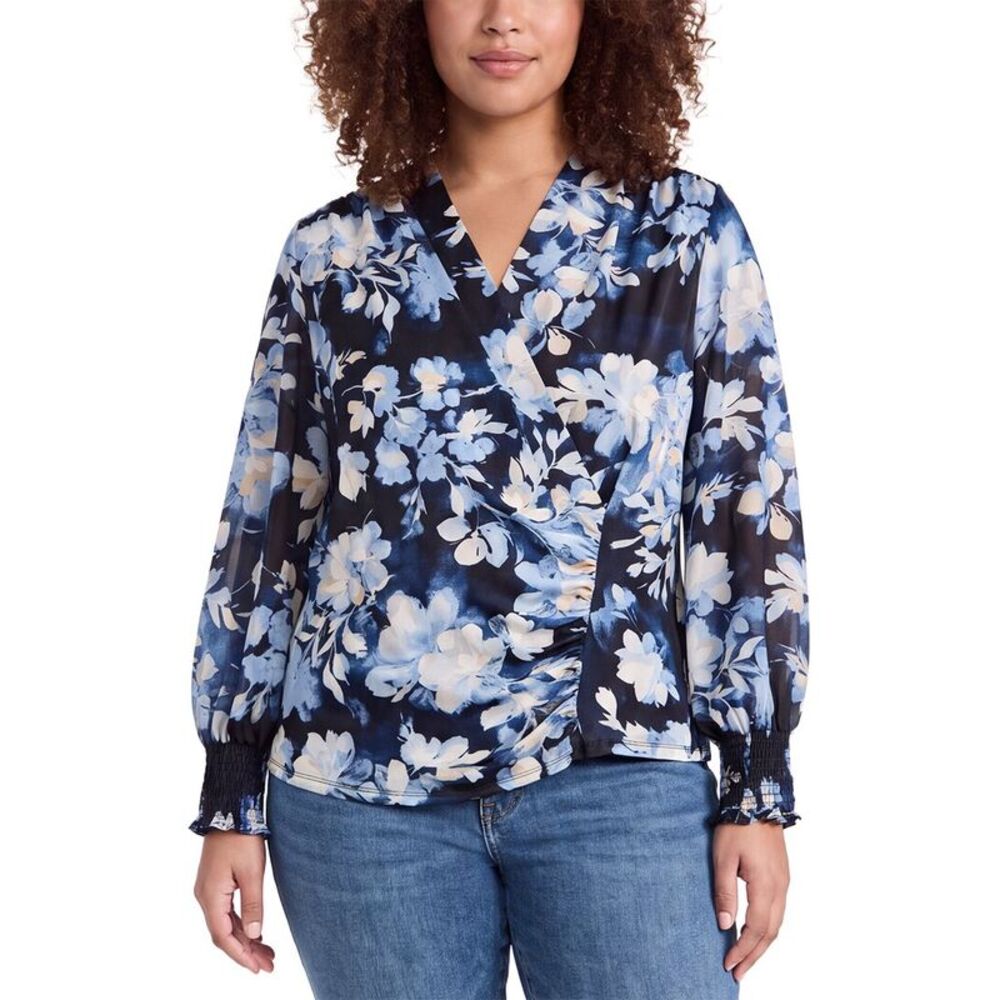 Anne Klein Womens  Plus Mixed Media Faux Wrap Top